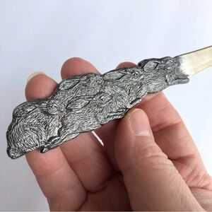 Vintage Pewter Letter Mail Opener Etched Rabbits Bunnies Desk Accessory RARE
